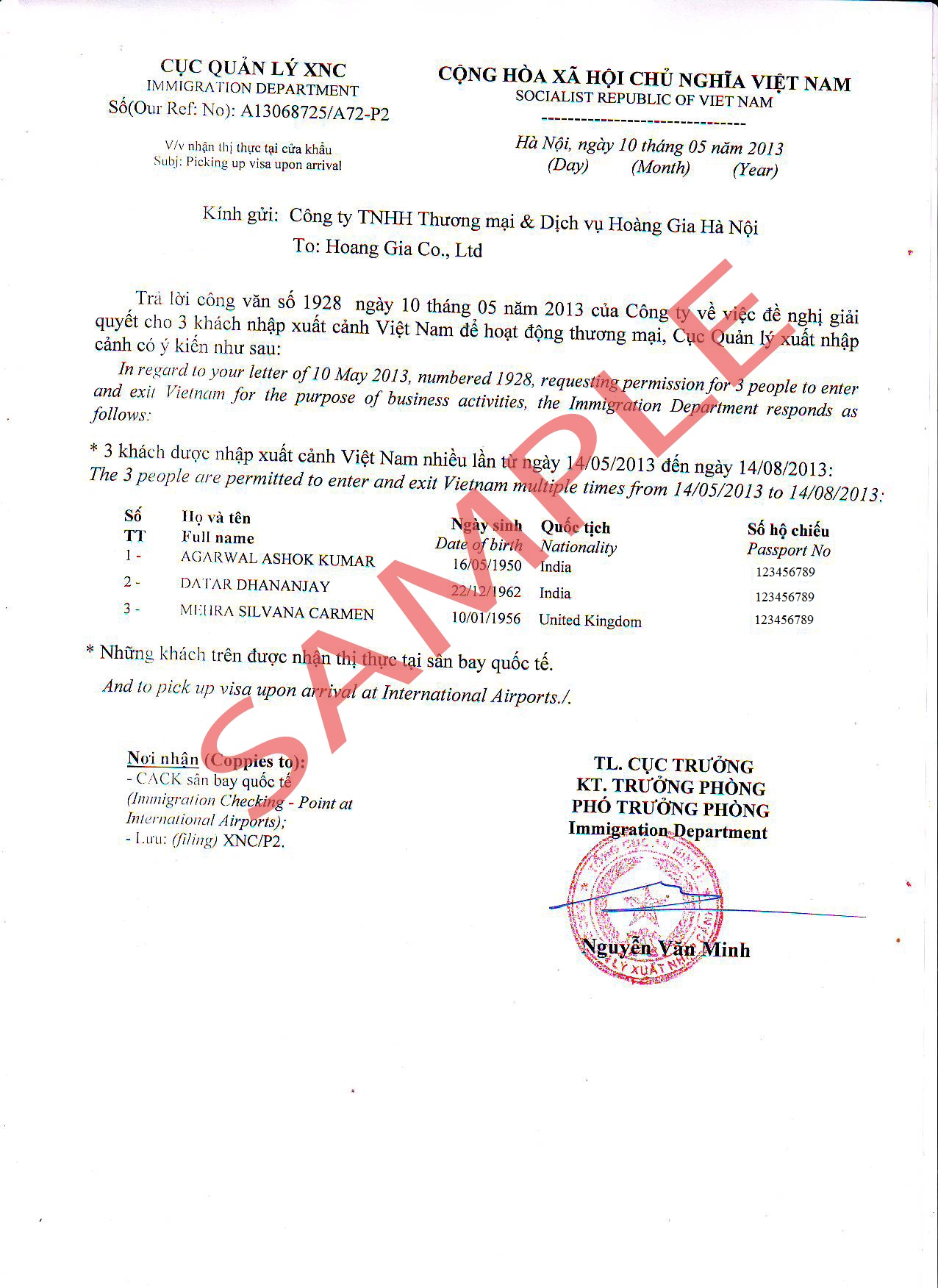 Lettre d'approbation de visa Vietnam