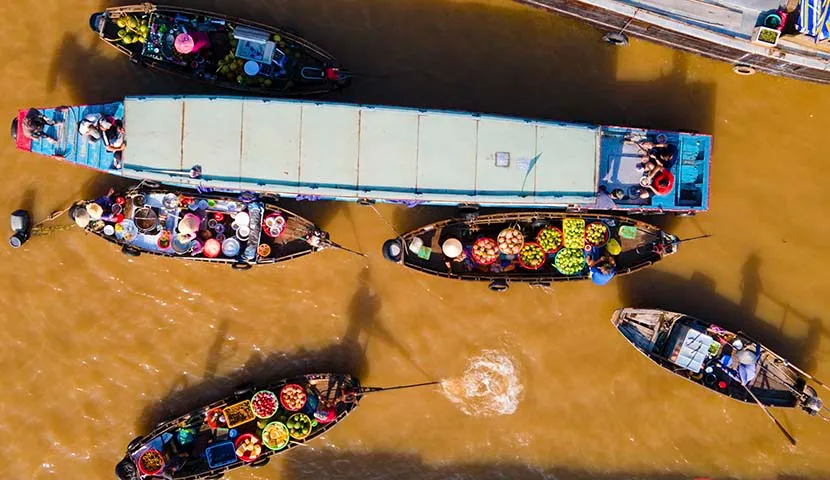 Bustling Cai Rang Floating Market in Mekong Delta