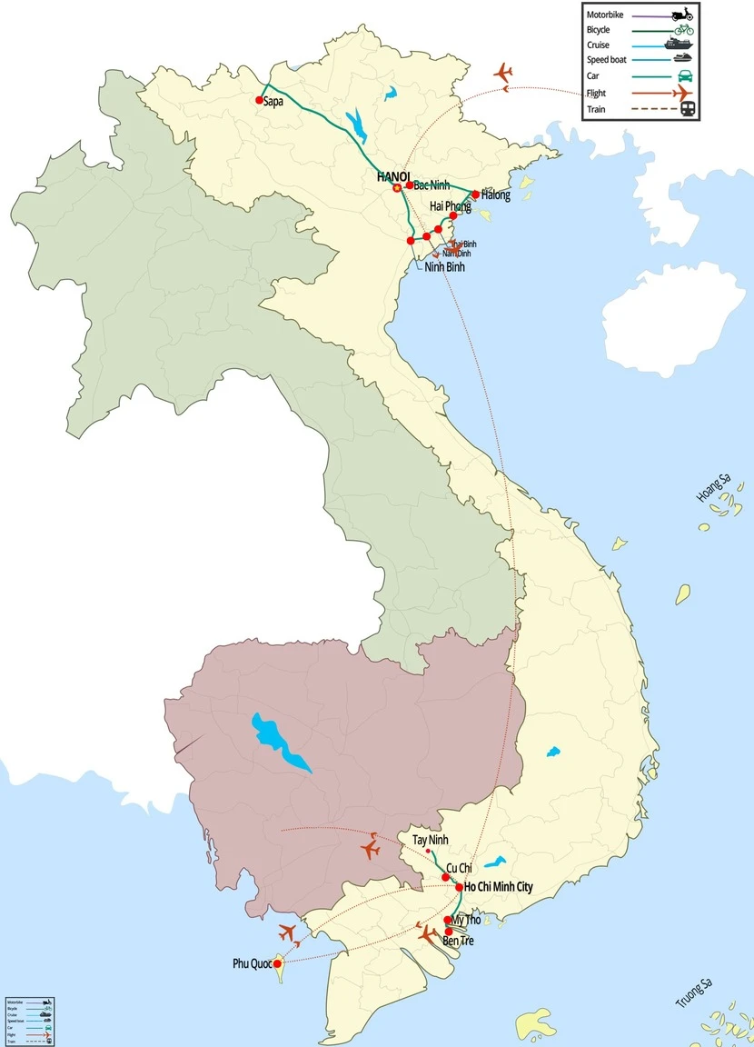 two week Vietnam travel itinerary to north and south map