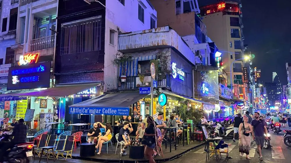busy weekend night on Bui Vien Walking Street with music and lights