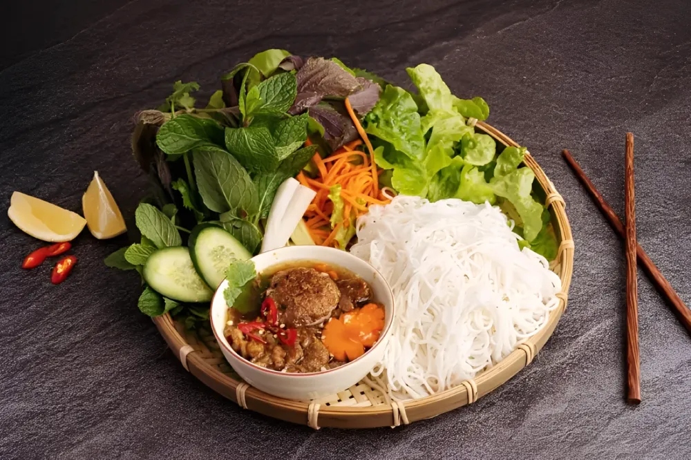 Bun Cha Hanoi grilled pork with vermicelli noodles authentic Vietnamese street food