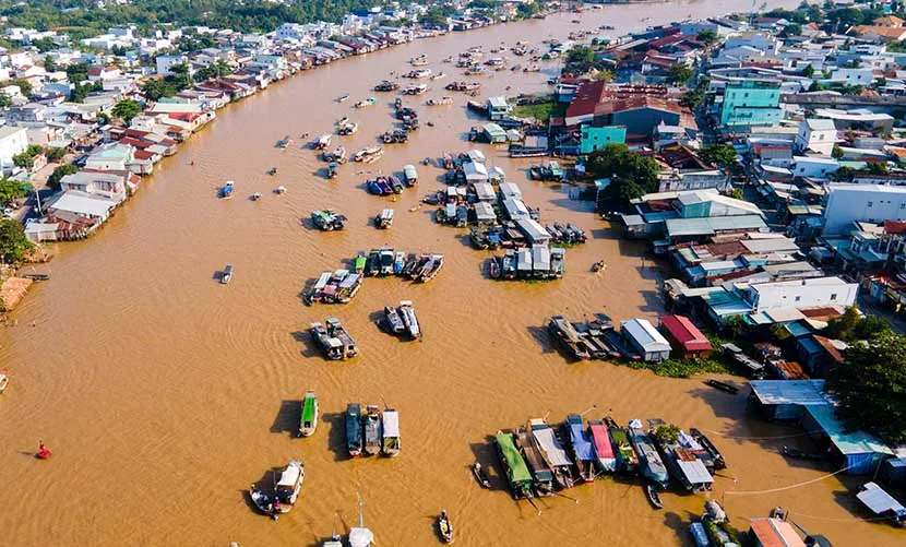 Bustling Cai Rang floating Market in Mekong Delta