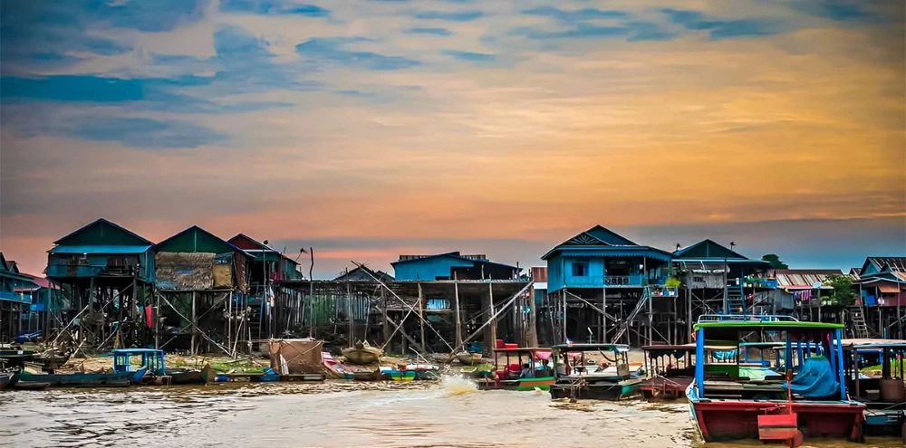 Stilt houses of Kampong Phluk floating village on Tonle Sap Lake Cambodia