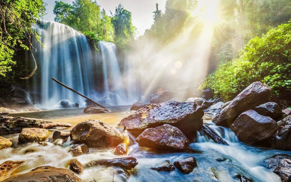 Beautiful waterfalls at Phnom Kulen National Park a sacred mountain in Cambodia