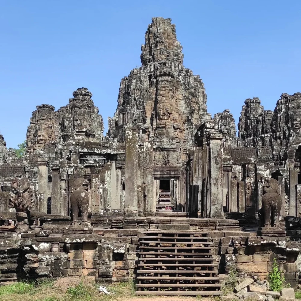 Mysterious giant stone faces of Bayon Temple in Angkor Thom Siem Reap