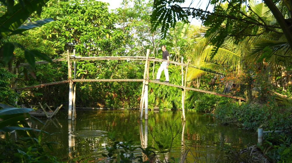bamboo bridge in a mekong homestay