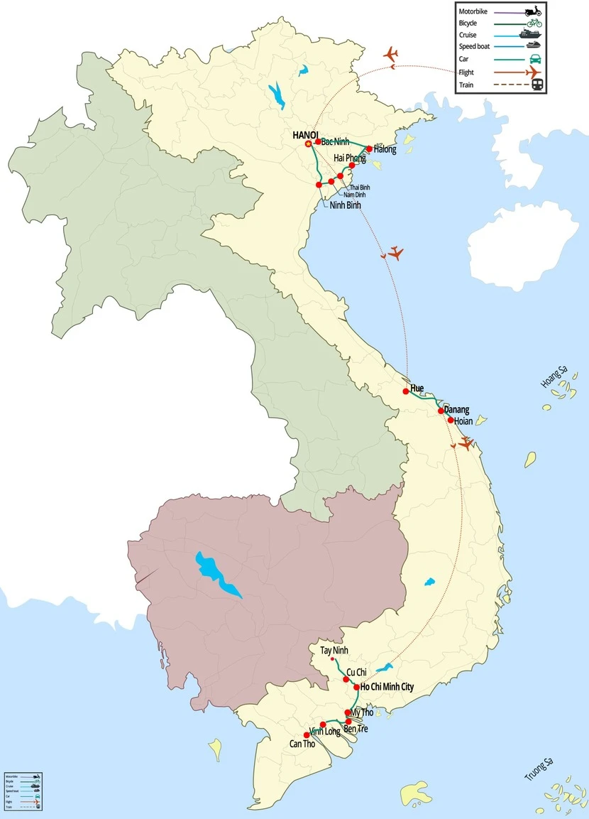 two week Vietnam adventure north to south map