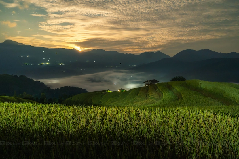 Regarder le lever du soleil dans le champ en terrasses de Hoang Su Phi