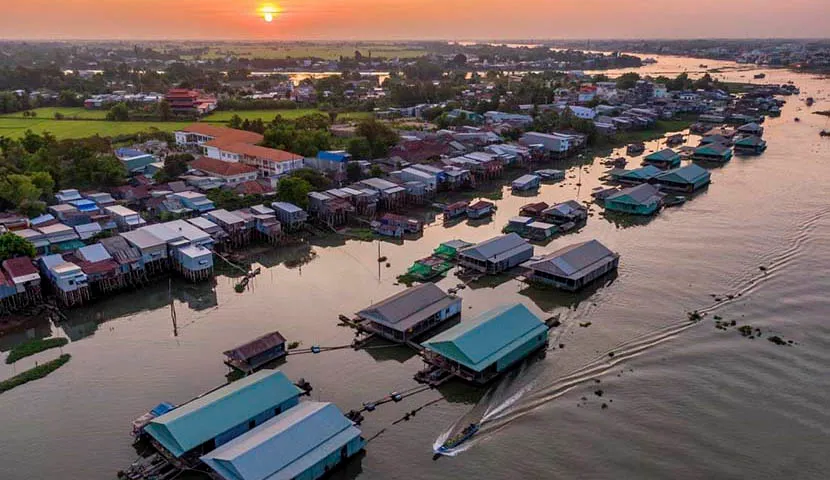 floating fising village in mekong delta river