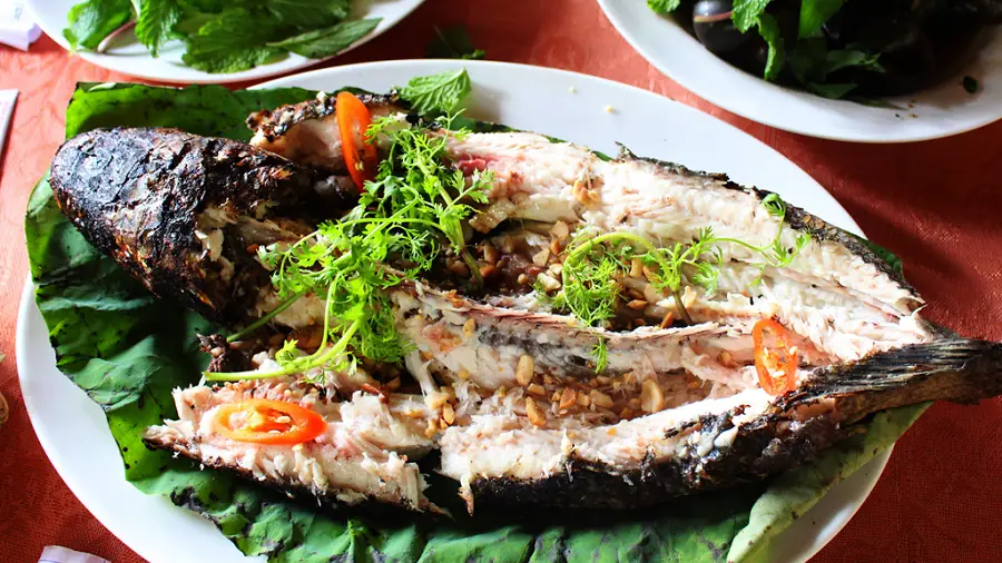 Mekong Dishes in Floating Season grilled snakehead fish