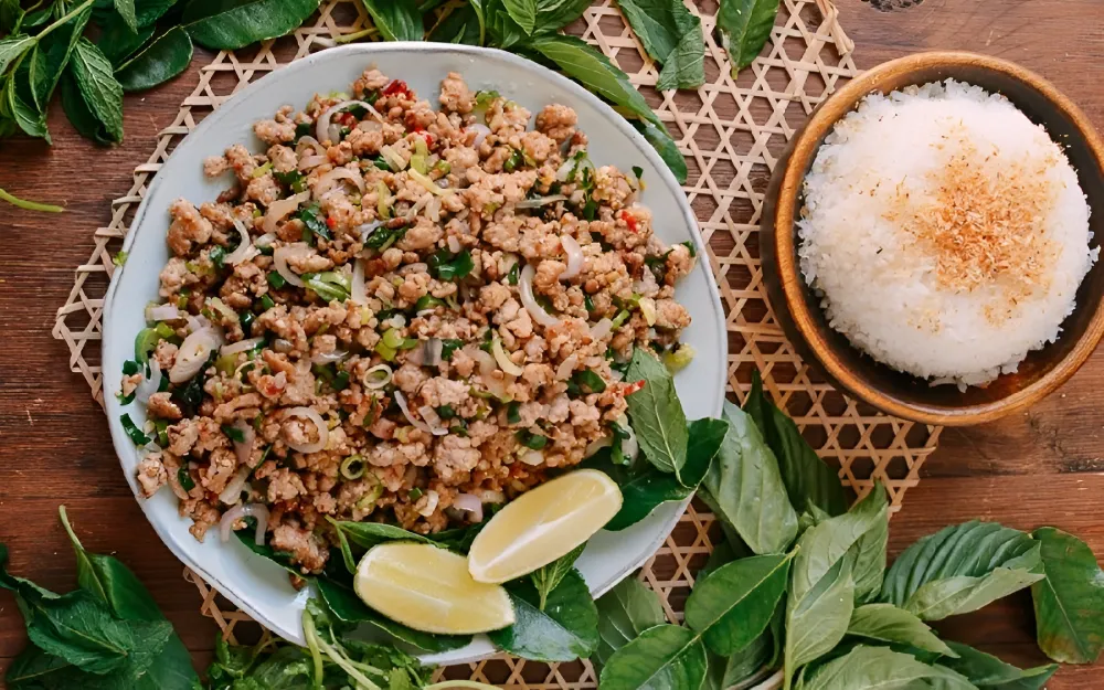 Traditional Lao dish Laap served with fresh herbs, a symbol of luck and prosperity for the New Year