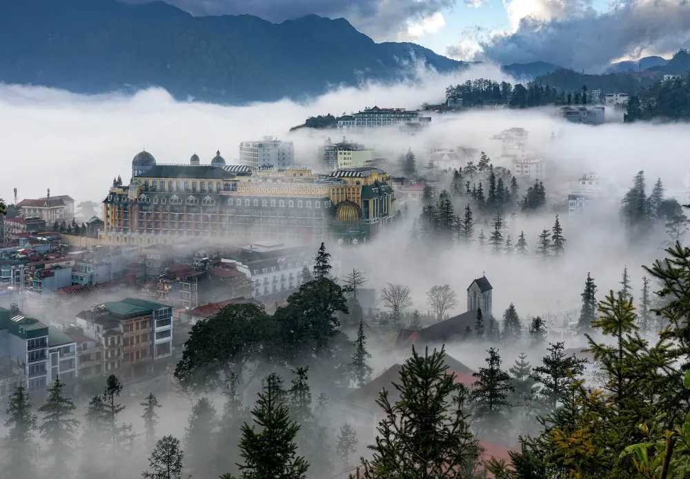 Misty mountain landscape in Sapa in winter