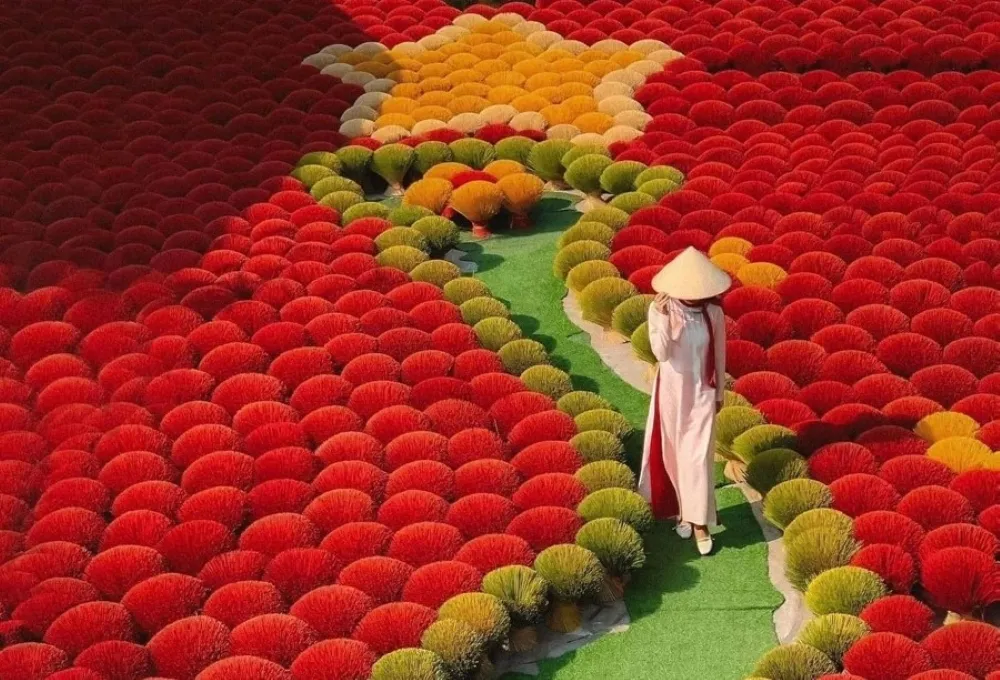 Colorful incense sticks arranged in Quang Phu Cau incense village near Hanoi
