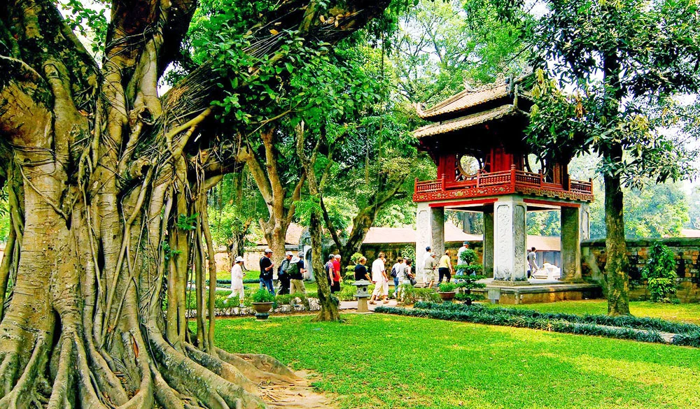 Hanoi autumn scenery with relics and falling leaves