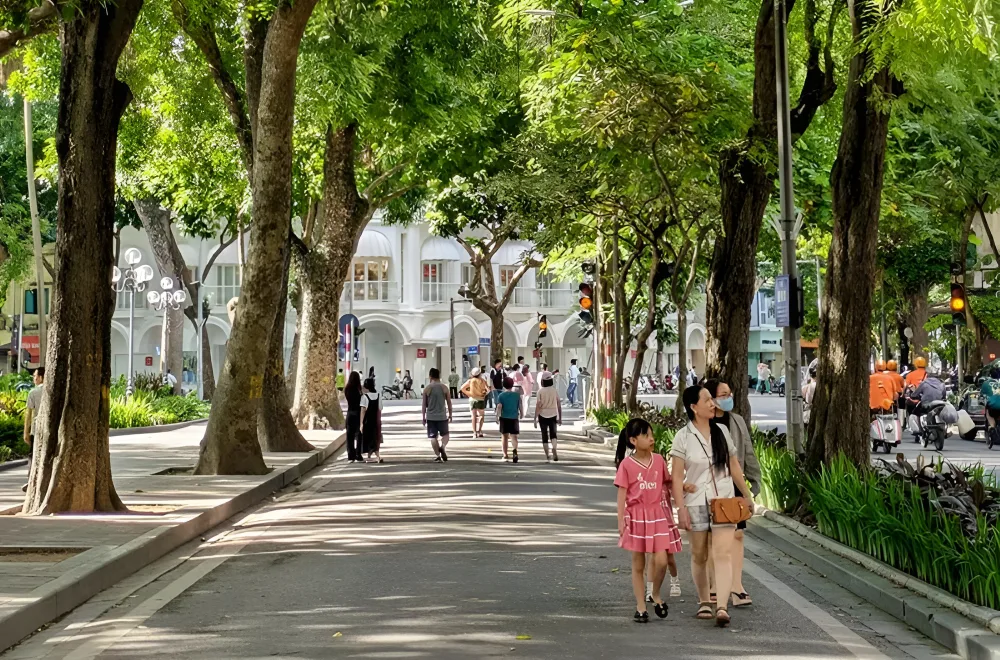 Local people walking under autumn trees in Hanoi Vietnam