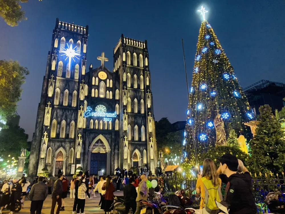 Christmas decorations lighting up the streets of Hanoi in December