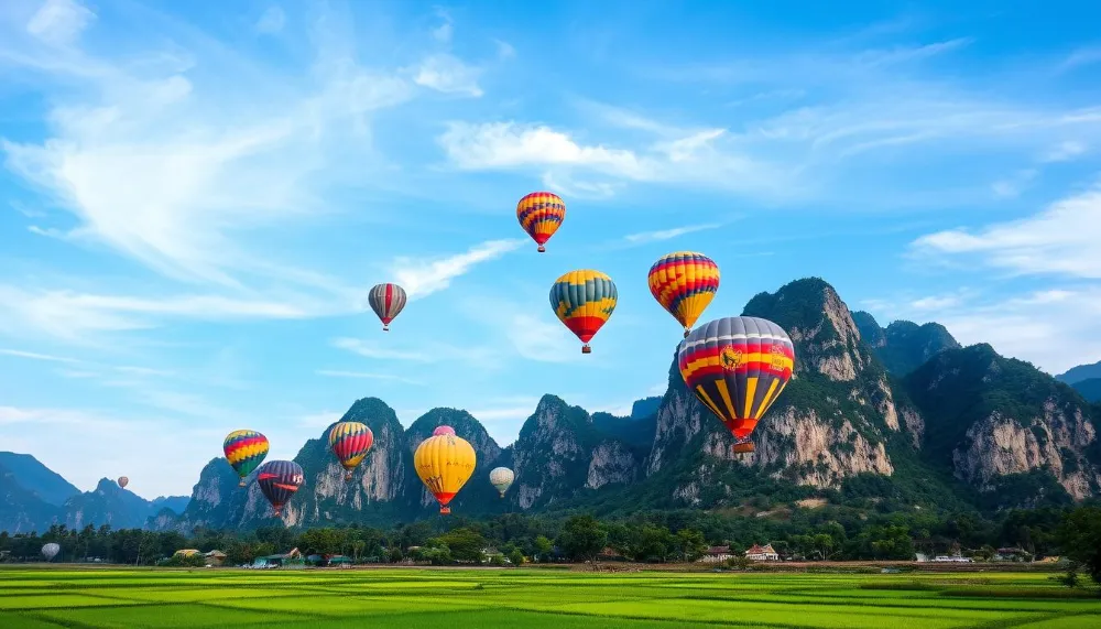 Vista aérea de los acantilados de piedra caliza de Vang Vieng