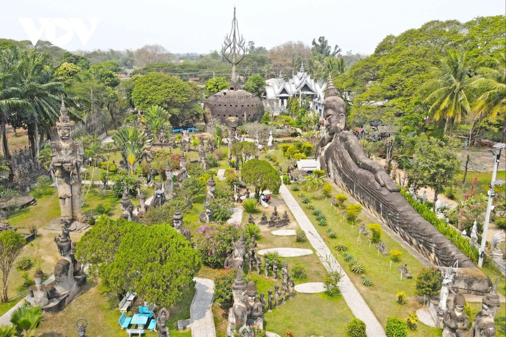 Giant stone sculptures of Buddhist and Hindu deities at Buddha Park in Vientiane