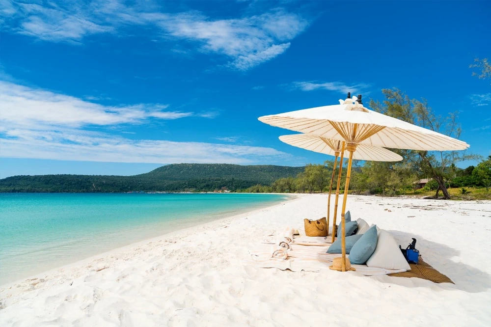 Pristine white sand beach and turquoise waters of Saracen Bay on Koh Rong Samloem island