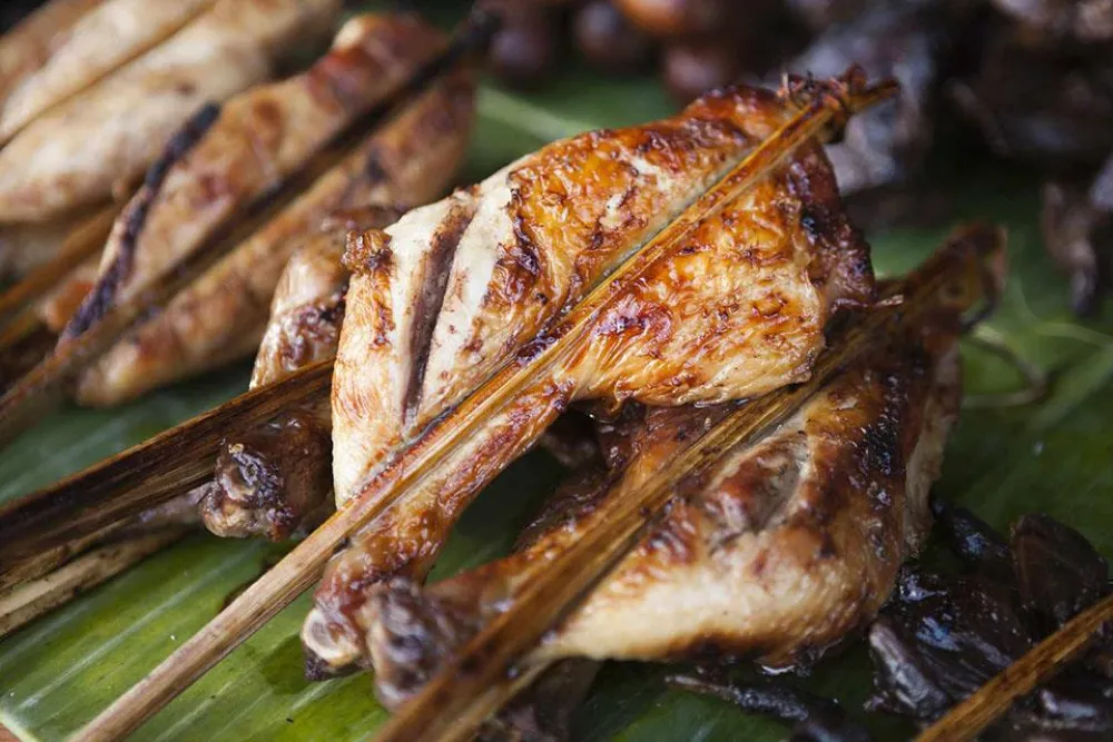 Ping Kai Laotian grilled chicken skewered on bamboo sticks, grilled over charcoal