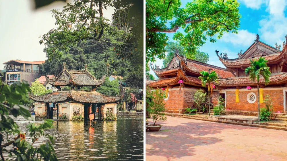 Thay Pagoda on water and Tay Phuong Pagoda with traditional red tiles near Hanoi