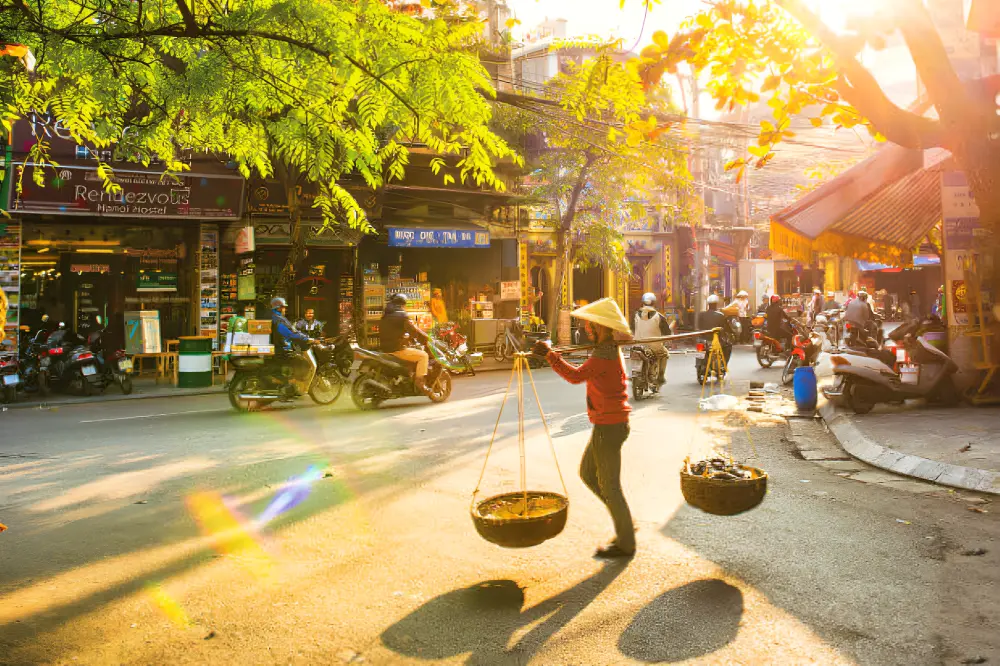 Hanoi Old Quarter in autumn with golden sunlight
