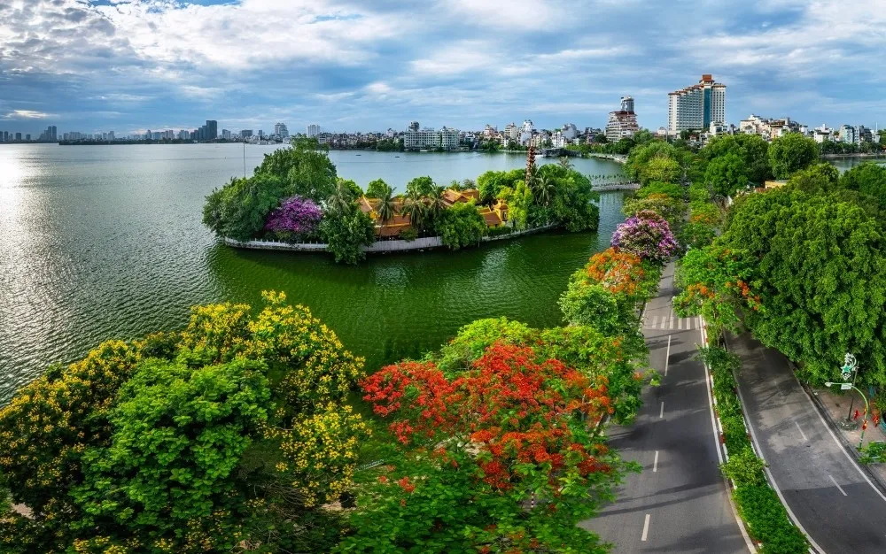 verdant tree lines along the west lake